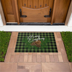 Custom Happy Holidays Green Black Checks Cabin Doormat