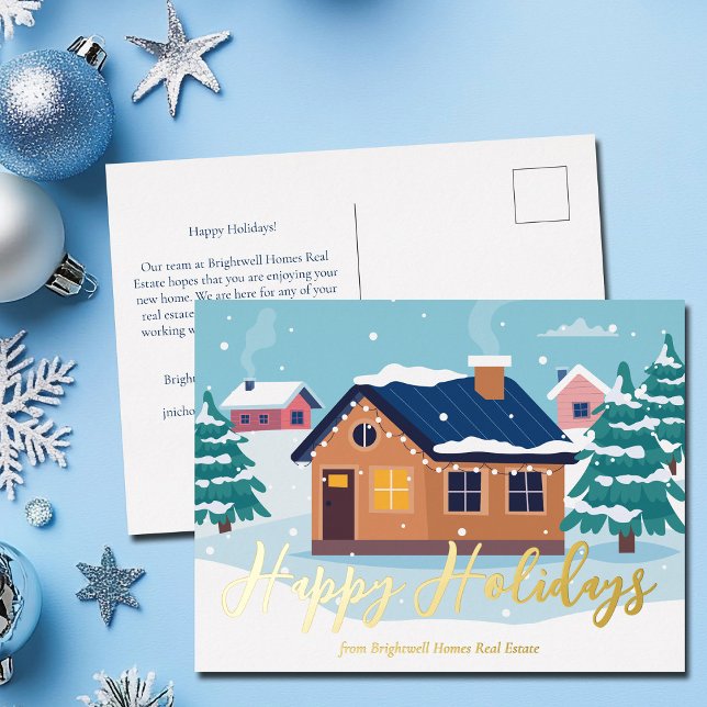 Custom Happy Holidays Real Estate Company Gold Foil Holiday Postcard (Creator Uploaded)