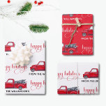 Custom Happy Holidays, Red Vintage Truck Christmas Wrapping Paper Sheet<br><div class="desc">Delight friends and family with this gorgeous custom wrapping paper set personalised with your name/family name! Fun and elegant yet rustic design with watercolor vintage red truck with Christmas trees on the back and the phrase "Happy Holidays" in elegant modern hand written Script typography.</div>