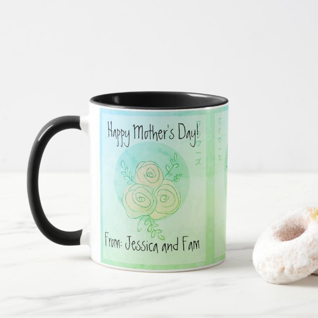 Custom Happy Mother's Day line art green roses   Mug (With Donut)