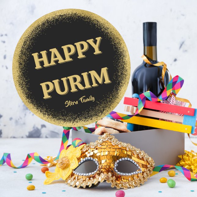 Custom Happy Purim Classic Gold Glitter  Classic Round Sticker (Creator Uploaded)