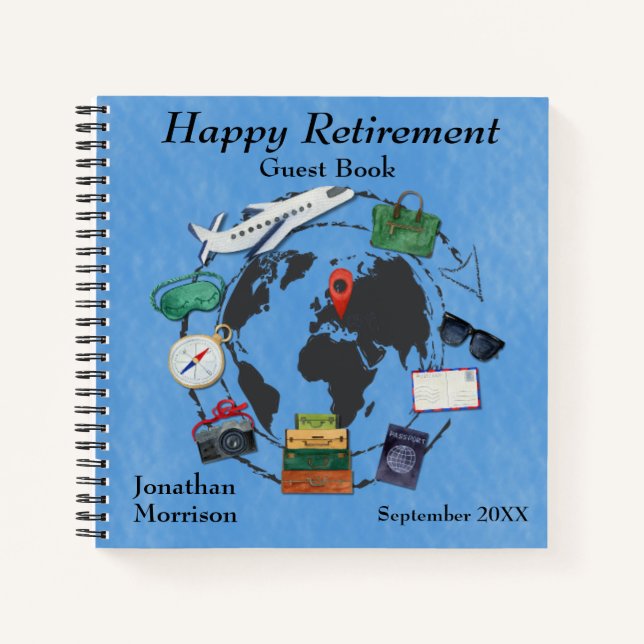 Custom Happy Retirement Travel Themed Guest Notebook (Front)