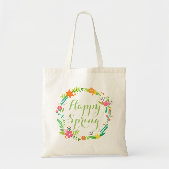 Custom Happy Spring Flowers Leaves Wreath Tote Bag (Front)
