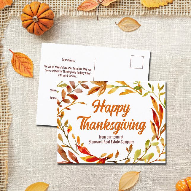 Custom Happy Thanksgiving Autumn Leaves Company Postcard (Creator Uploaded)