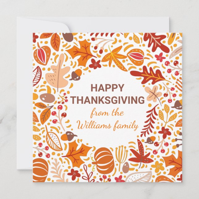 Custom Happy Thanksgiving Autumn Leaves Wreath Holiday Card (Front)