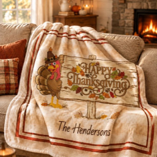 Custom Happy Thanksgiving Cute Turkey Sherpa Blanket