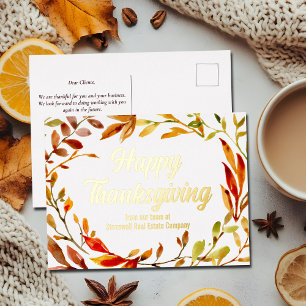 Custom Happy Thanksgiving Fall Leaves Company Gold Foil Holiday Postcard