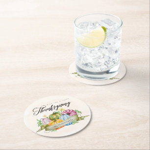 Custom Happy Thanksgiving Pumpkins flowers Round Paper Coaster