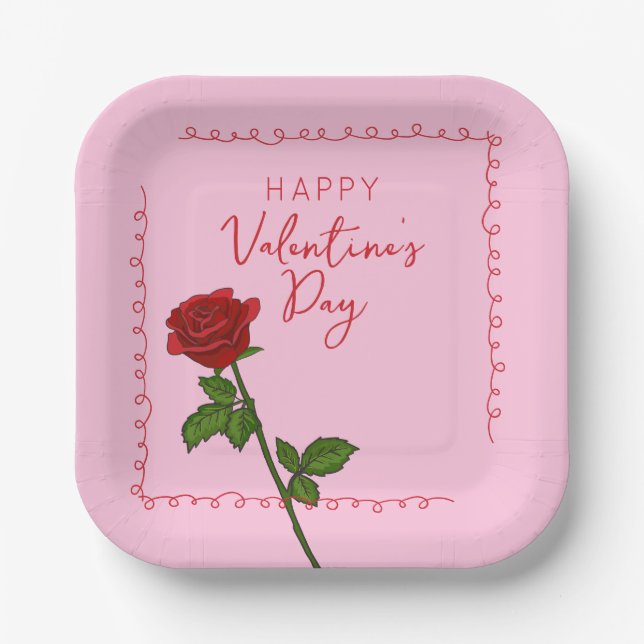 Custom Happy Valentine’s Day Rose  Paper Plate (Front)