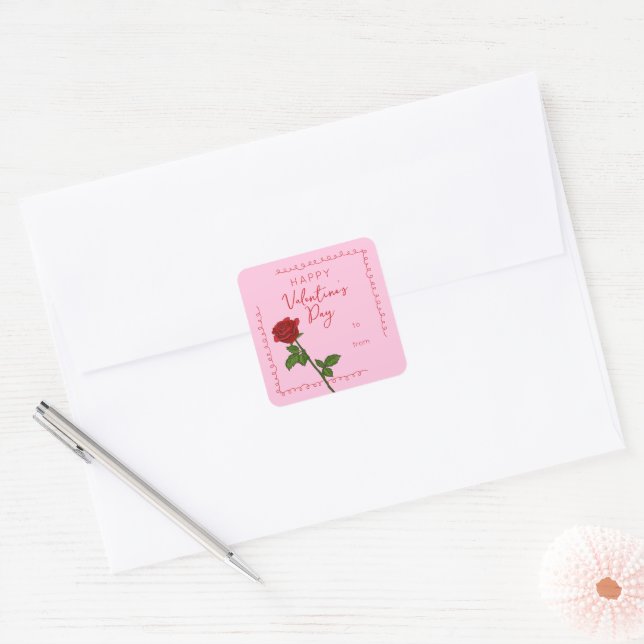 Custom Happy Valentine’s Day Rose Square Sticker (Envelope)
