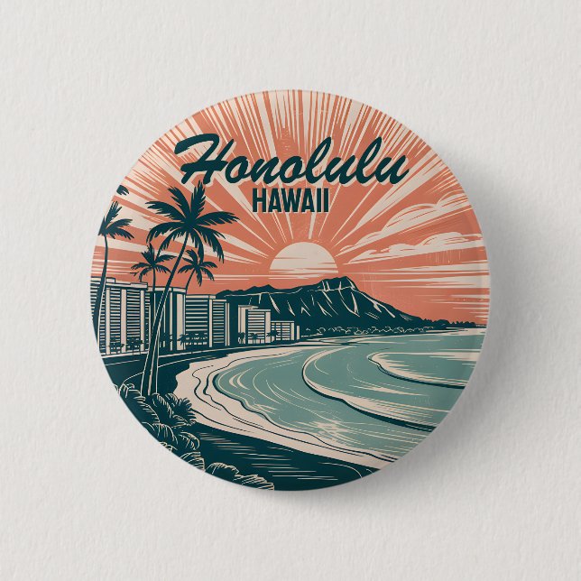 Custom Hawaii Honolulu Waikiki Beach Retro Travel 6 Cm Round Badge (Front)
