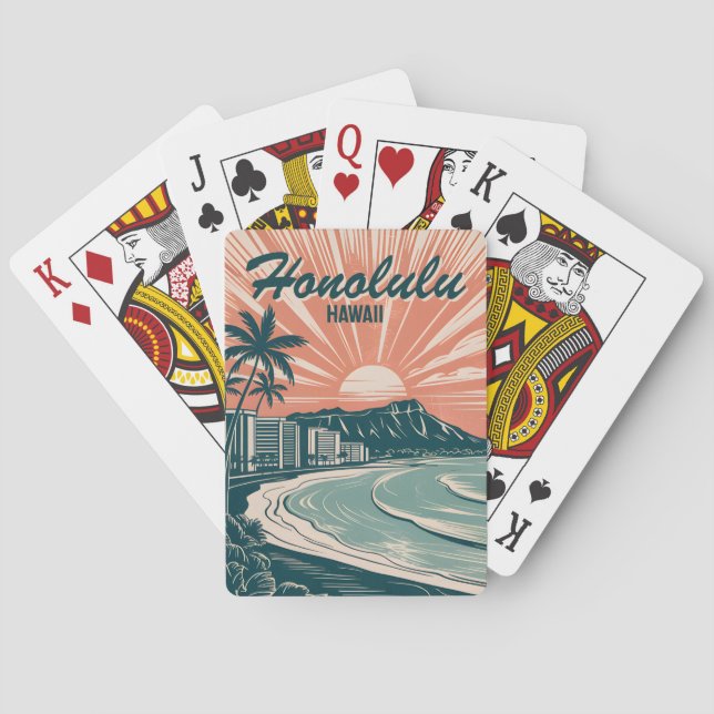 Custom Hawaii Honolulu Waikiki Beach Retro Travel Playing Cards (Back)