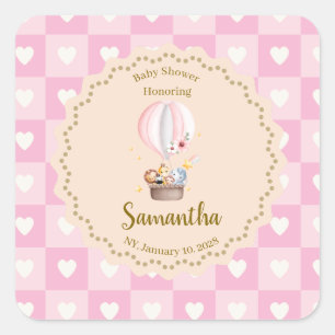 Custom Heart Checkerboard Baby Shower Pink Pastel Square Sticker