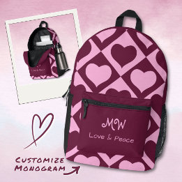 Custom Heart Checkerboard Pattern Bordeaux Pink - Printed Backpack