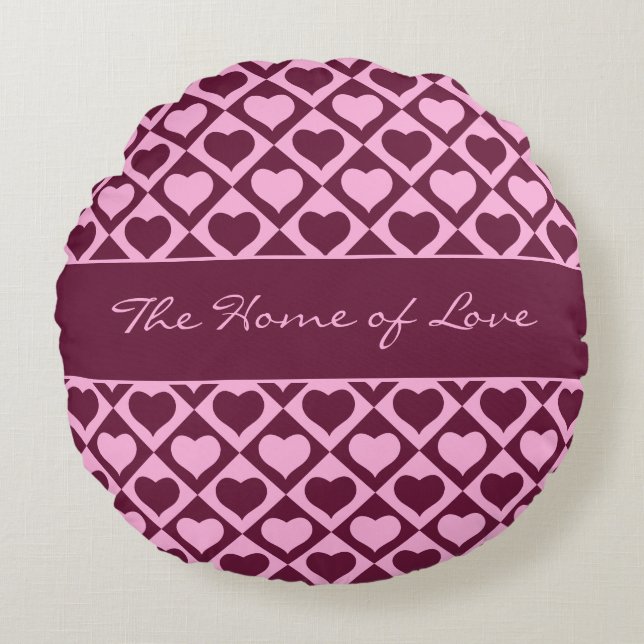 Custom Heart Checkerboard Pattern Bordeaux Pink -  Round Cushion (Front)