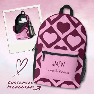 Custom Heart Chequerboard Pattern Pink Bordeaux - Printed Backpack
