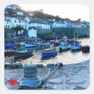 Custom Heart Coverack Harbor Dusk Cornwall Photo Square Sticker
