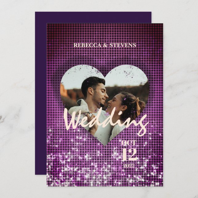 Custom Heart Faux Burgundy Plaid Photo Wedding Invitation (Front/Back)