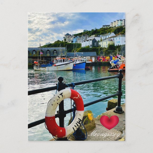 Custom Heart Mevagissey Harbor Lifebuoy Cornwall Holiday Postcard (Front)