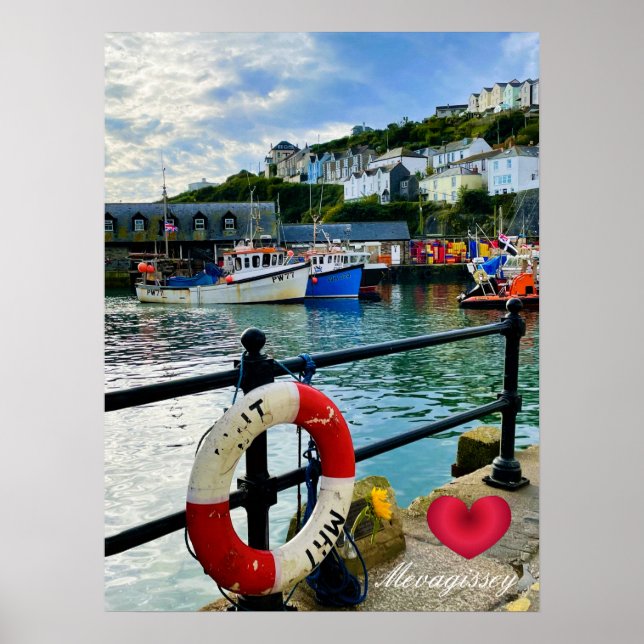Custom Heart Mevagissey Harbor Lifebuoy Cornwall Poster (Front)