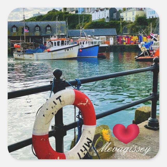 Custom Heart Mevagissey Harbor Lifebuoy Cornwall Square Sticker (Front)