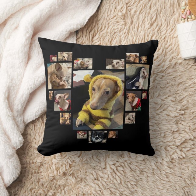 Custom Heart Multiple Photo Collage Dogs Black Cushion (Blanket)