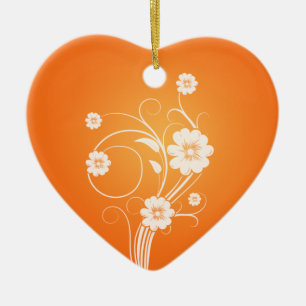 Custom Heart Ornaments White Flowers On Orange