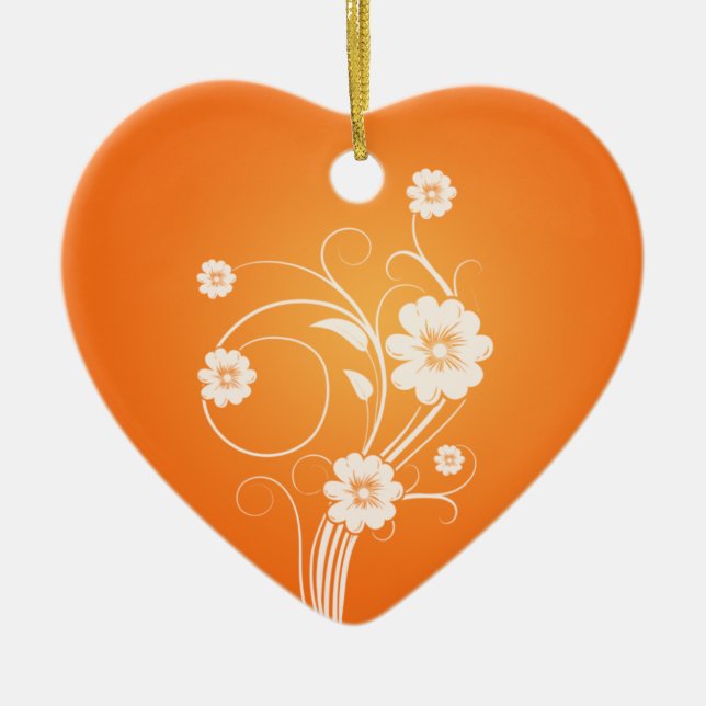 Custom Heart Ornaments White Flowers On Orange (Front)