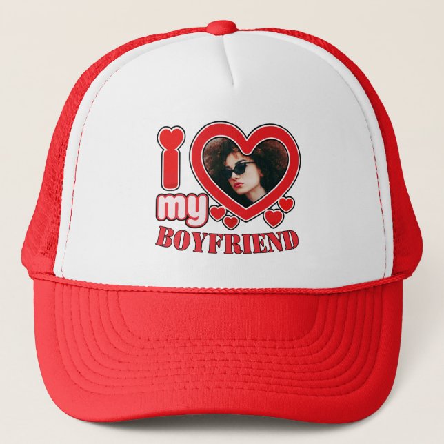 Custom Heart Photo Hat, I Love My Boyfriend Red Trucker Hat (Front)