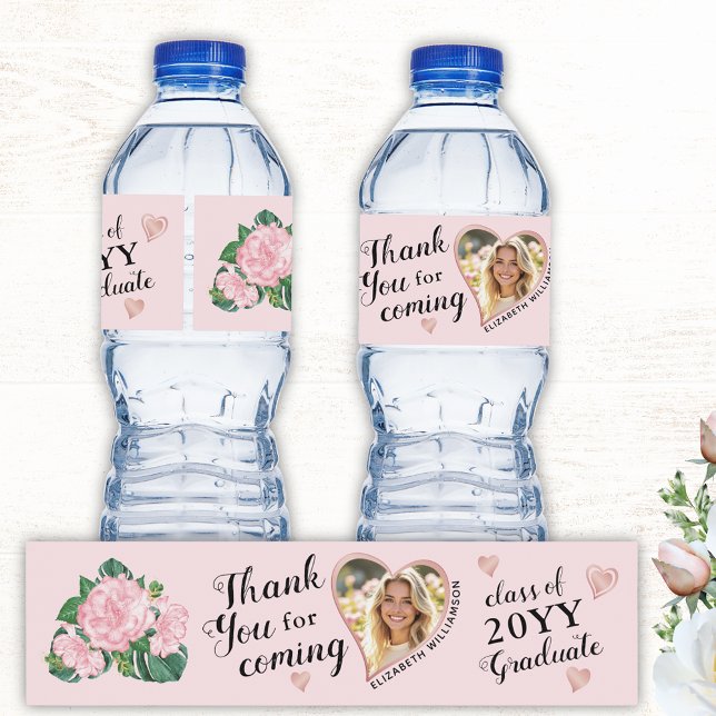 Custom Heart Shape Photo Pink Graduation Thank You Water Bottle Label (Creator Uploaded)
