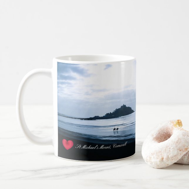 Custom Heart St Michaels Mount Cornwall + Horses Coffee Mug (With Donut)
