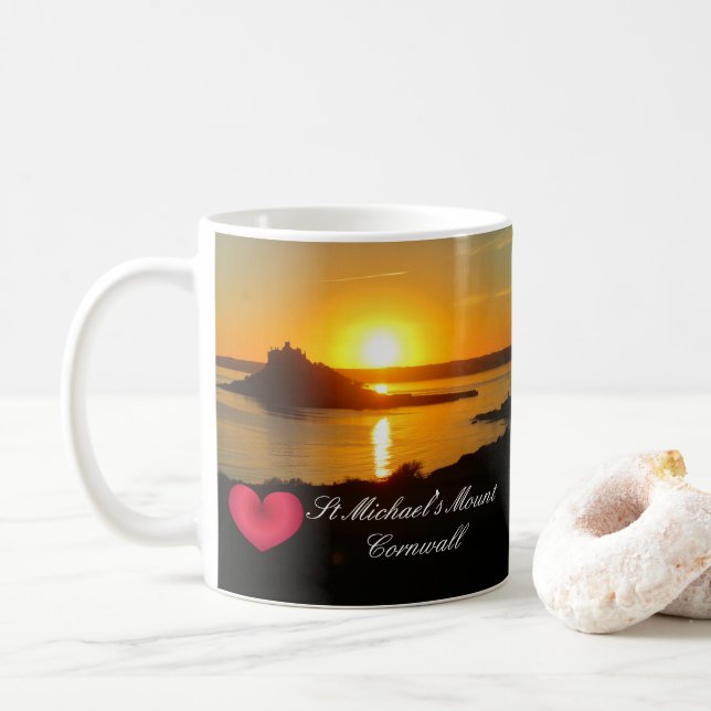 Custom Heart St Michaels Mount Cornwall Sunset Coffee Mug (With Donut)