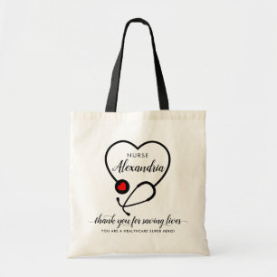 Custom Heart Stethoscope Hero Name Nurse Thank You Tote Bag