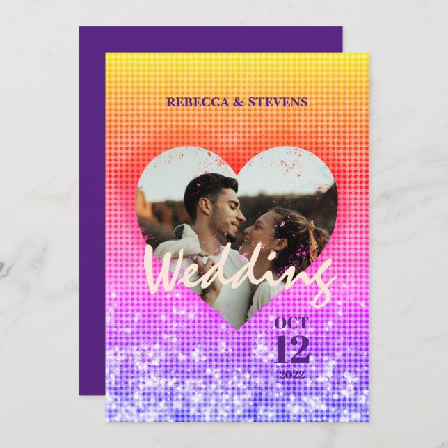 Custom Heart Stylish Ombre Plaid Photo Wedding Invitation (Front/Back)