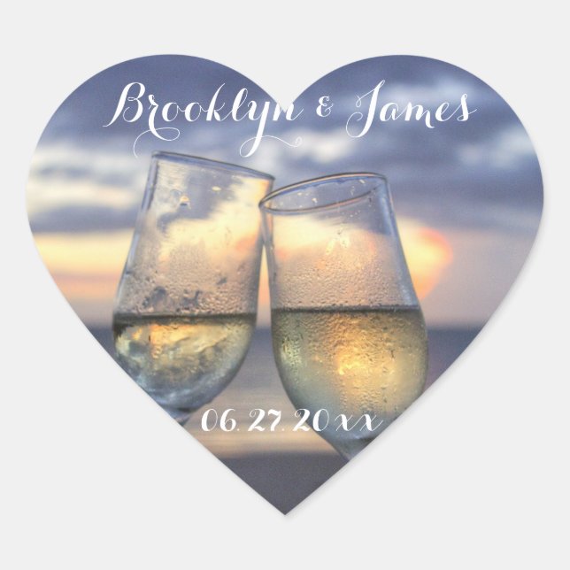 Custom Heart Sunset On The Beach Wedding Stickers (Front)