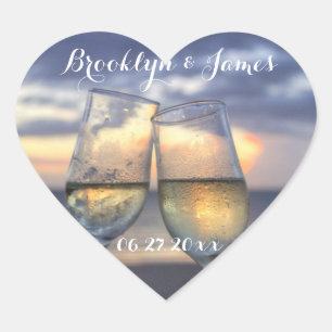 Custom Heart Sunset On The Beach Wedding Stickers