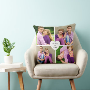 Custom Heart with Couple Names 4 Photo Collage Cushion