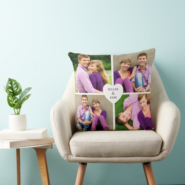 Custom Heart with Couple Names 4 Photo Collage Cushion (Chair)