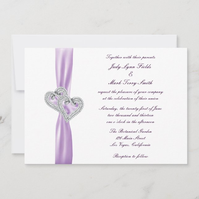 Custom Hearts Lavender Ribbon Wedding Invitation (Front)