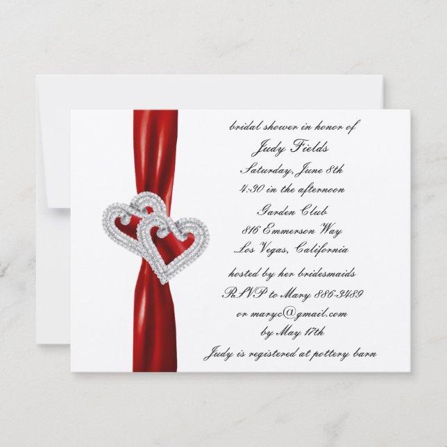 Custom Hearts Red Ribbon Bridal Shower Invitation (Front)