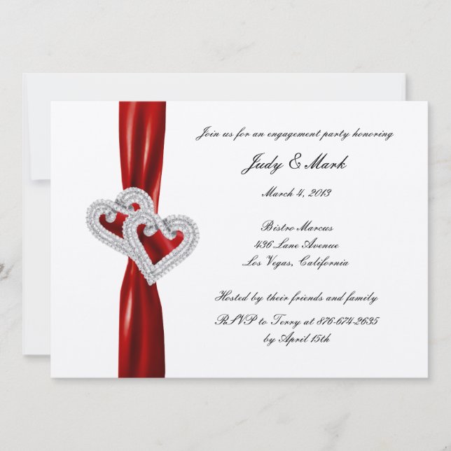 Custom Hearts Red Ribbon Engagement Party Invite (Front)