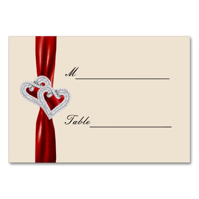 Custom Hearts Red Ribbon Place Card (Front)