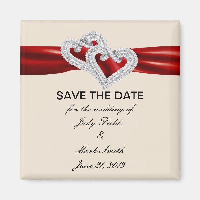 Custom Hearts Red Ribbon Save The Date Magnet (Front)