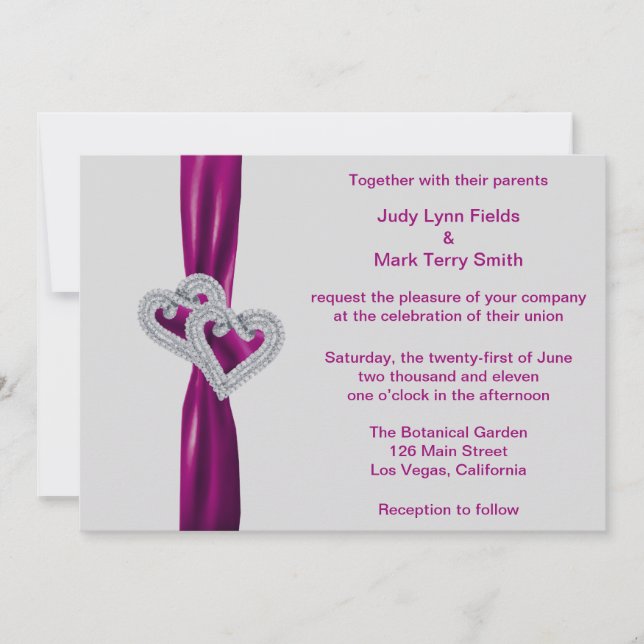 Custom Hearts Sangria Ribbon Wedding Invitation (Front)