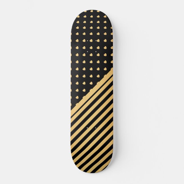 CUSTOM HEARTS & STRIPES BLACK GOLD PATTERN SKATEBOARD (Front)
