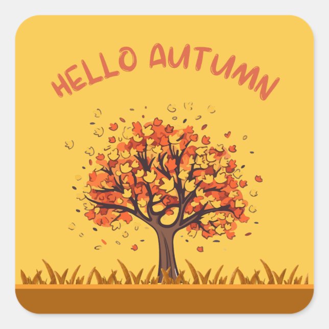 Custom "Hello Autumn" Colourful Fall Leaves Square Sticker (Front)