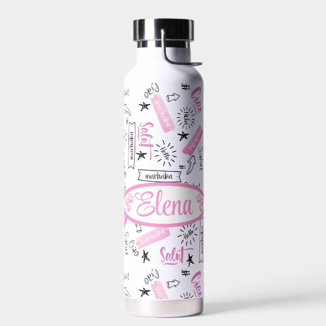 Custom,Hello in Multiple Languages Water Bottle (Left)