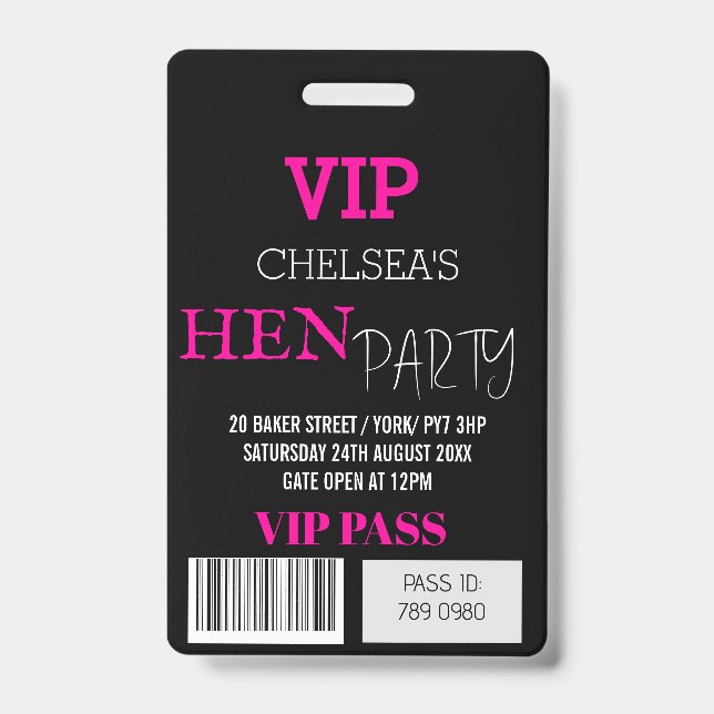 Custom Hen Party Festival Access Pass VIP   ID Badge (Front)