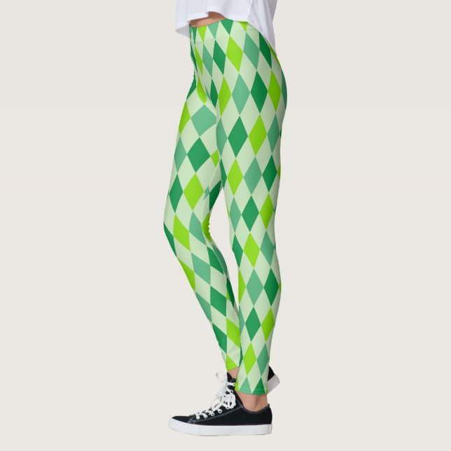 Custom High Waisted Diamonds Pattern Green Leggings (Left)