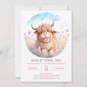 Custom Highland Cow Watercolor Girl Birthday Invitation